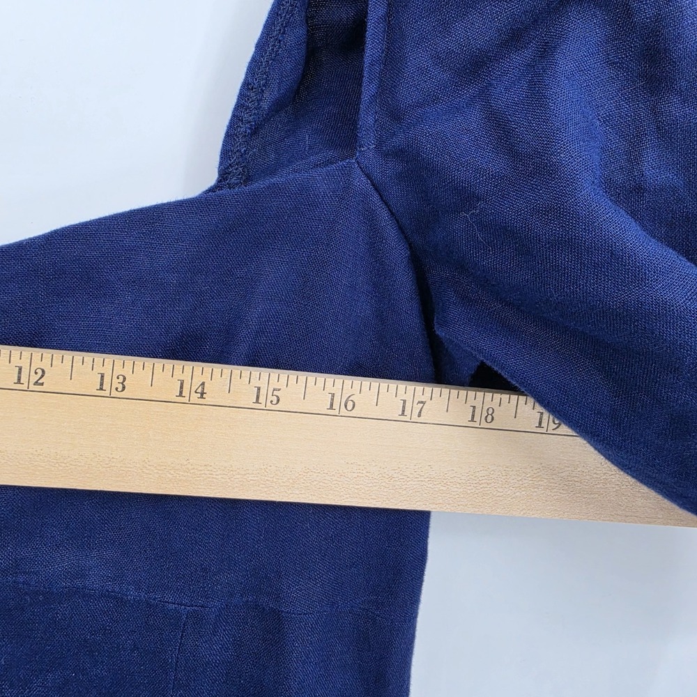 REFORMATION Belgium Linen Midi Dress Navy Blue Side Slit Puff Sleeve Sz 12 - Picture 8 of 16
